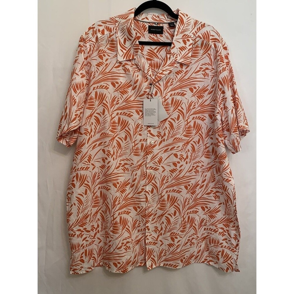 Perry Ellis Mens Size 2X Shirt Linen Blend Tropical Leaves Orange White New